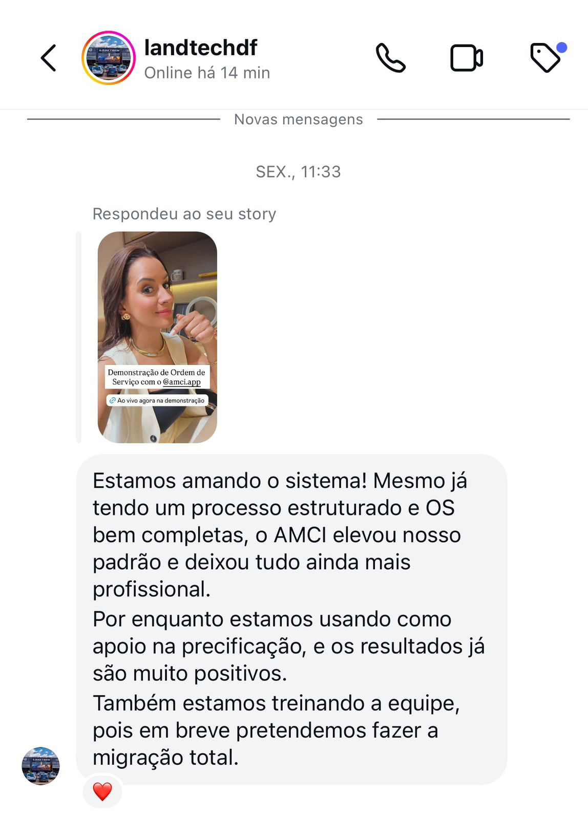 DM do Instagram da Landtech elogiando o AMCI.APP